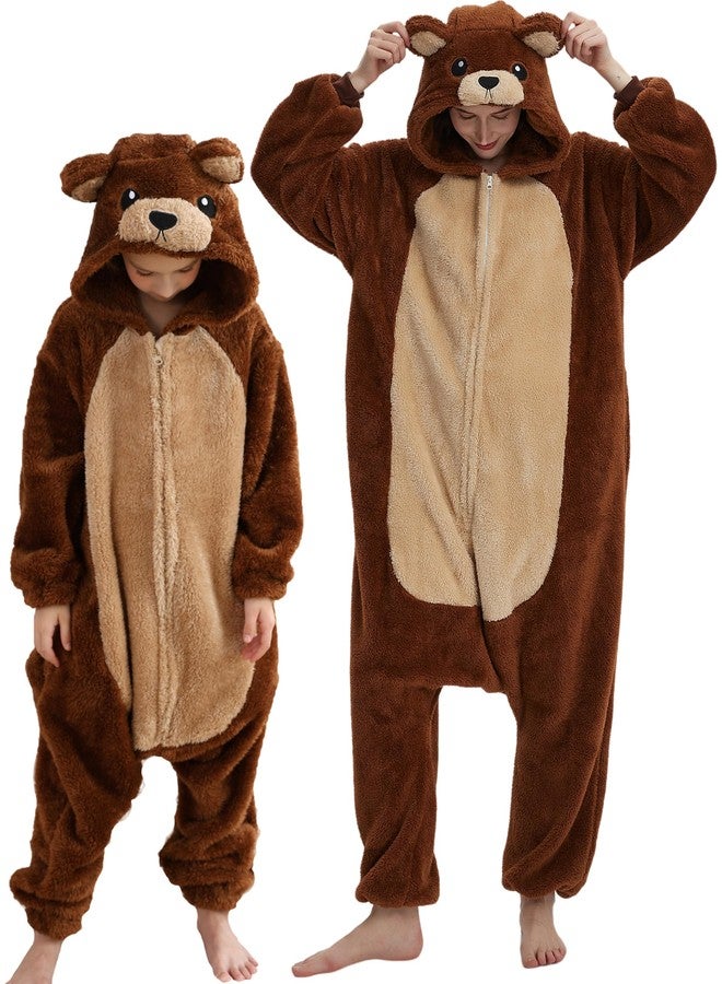 DarkCom Animal Onesie for Kids,Flannel Cosplay Brown Bear Halloween Costume Parent-Child Sleepwear for Girls Boys 12-13 Years - Image 1